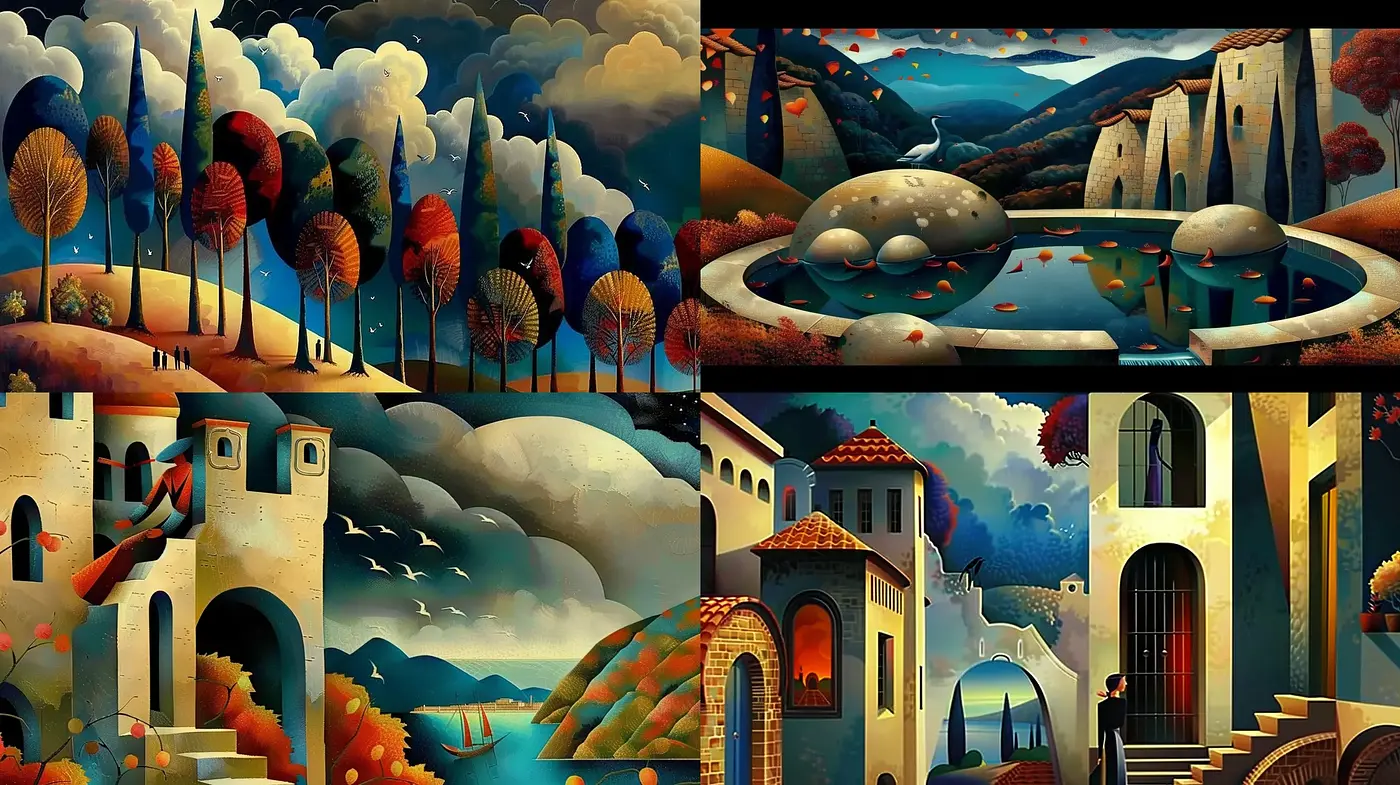 Surrealistic Dreamscapes: The Harmony of Vivid Contrasts and Curvilinear Forms - Midjourney sref style