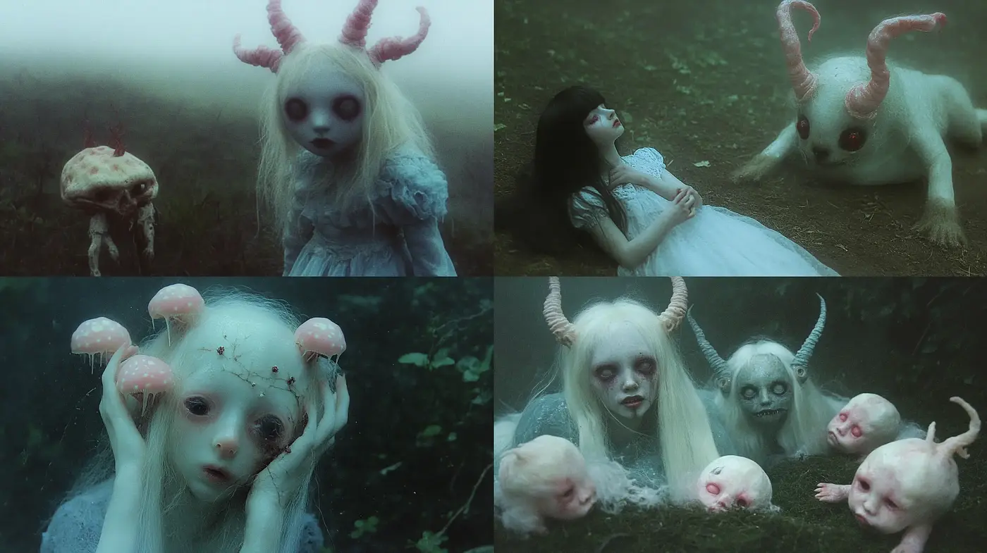 Ethereal Gothic Fantasy: A Surreal Merge of Innocence and Darkness - Midjourney sref style