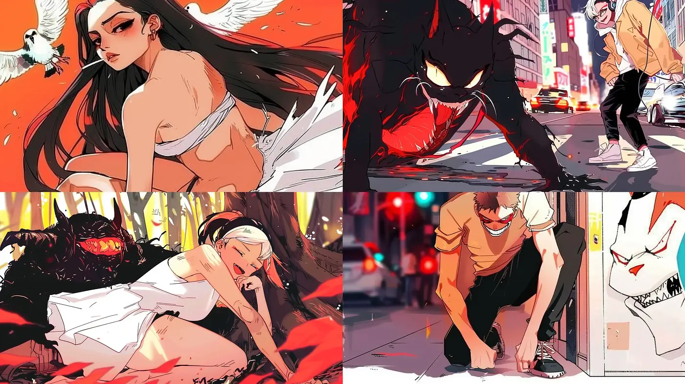 Dynamic Anime-Inspired Urban Vignettes with Vivid Red Accents - Midjourney sref style