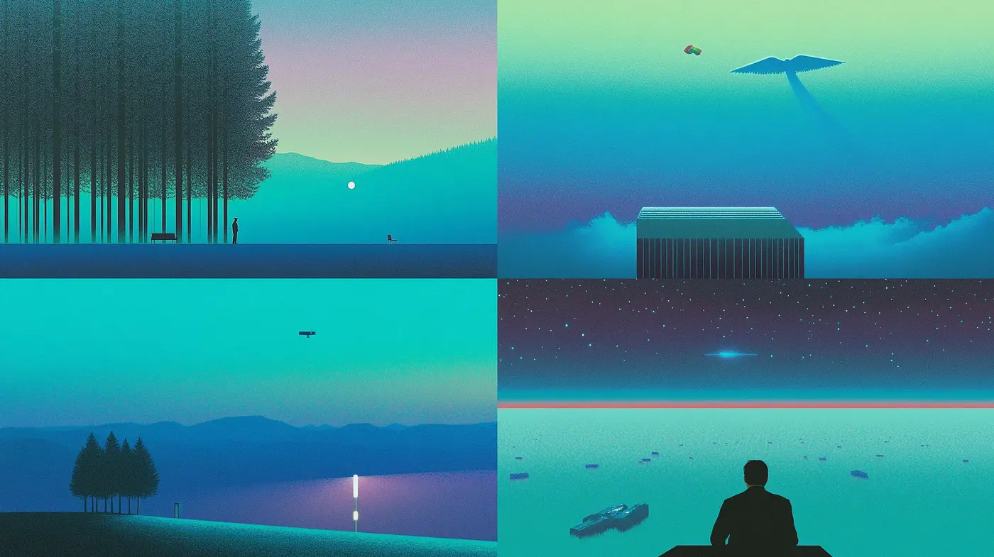 Serene Dusk Hues in Stylized Minimalist Landscapes - Midjourney sref style