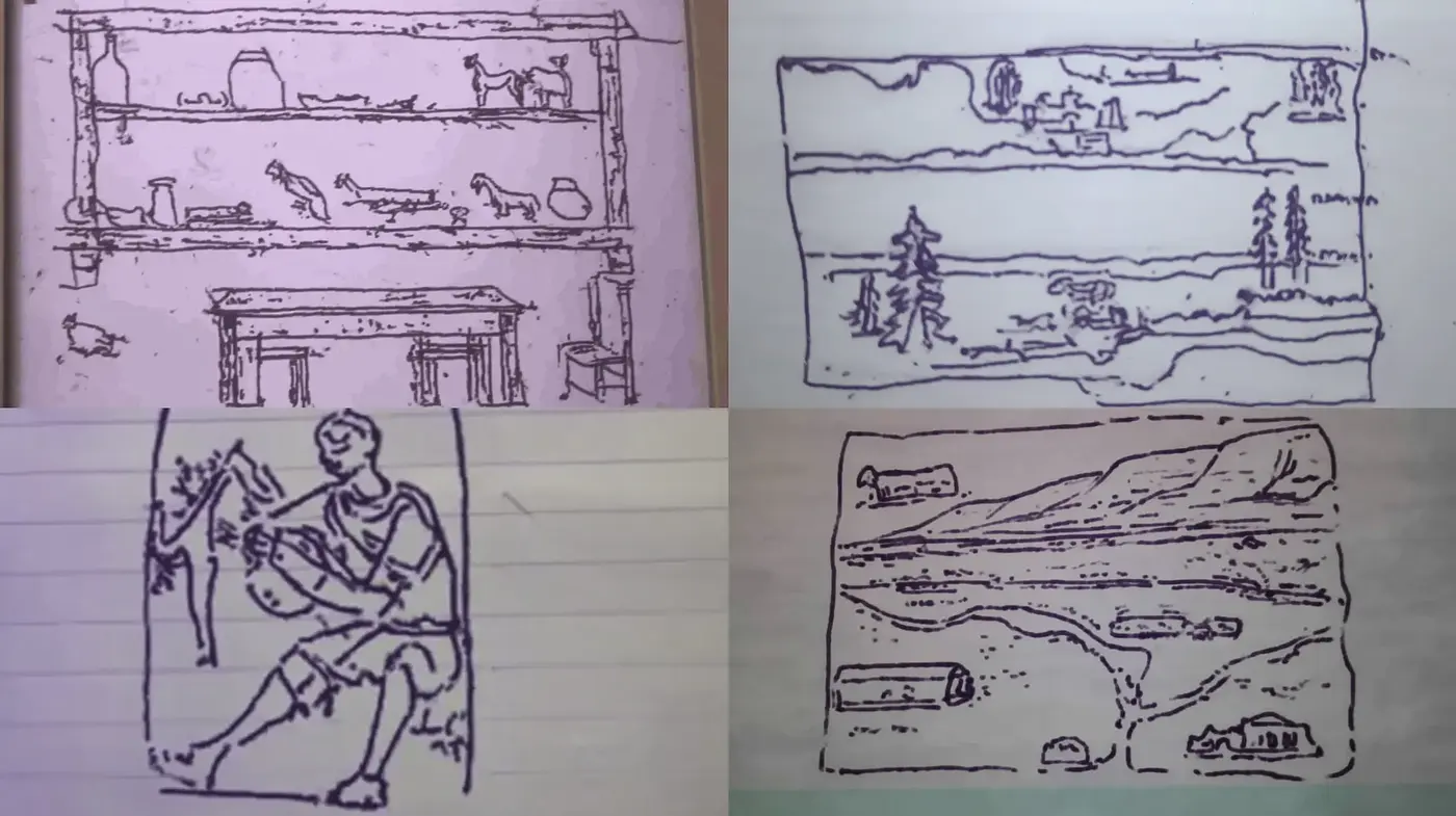 Hand-drawn illustrations with a sketch-like quality showcasing natural and domestic scenes - Midjourney sref style