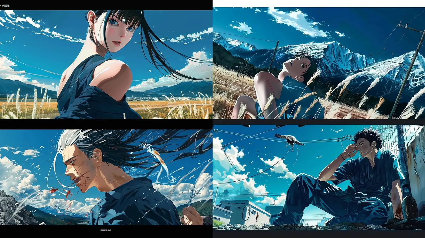 Dynamic Anime-Inspired Vistas with a Vivid Blue Skies Palette - Midjourney sref style