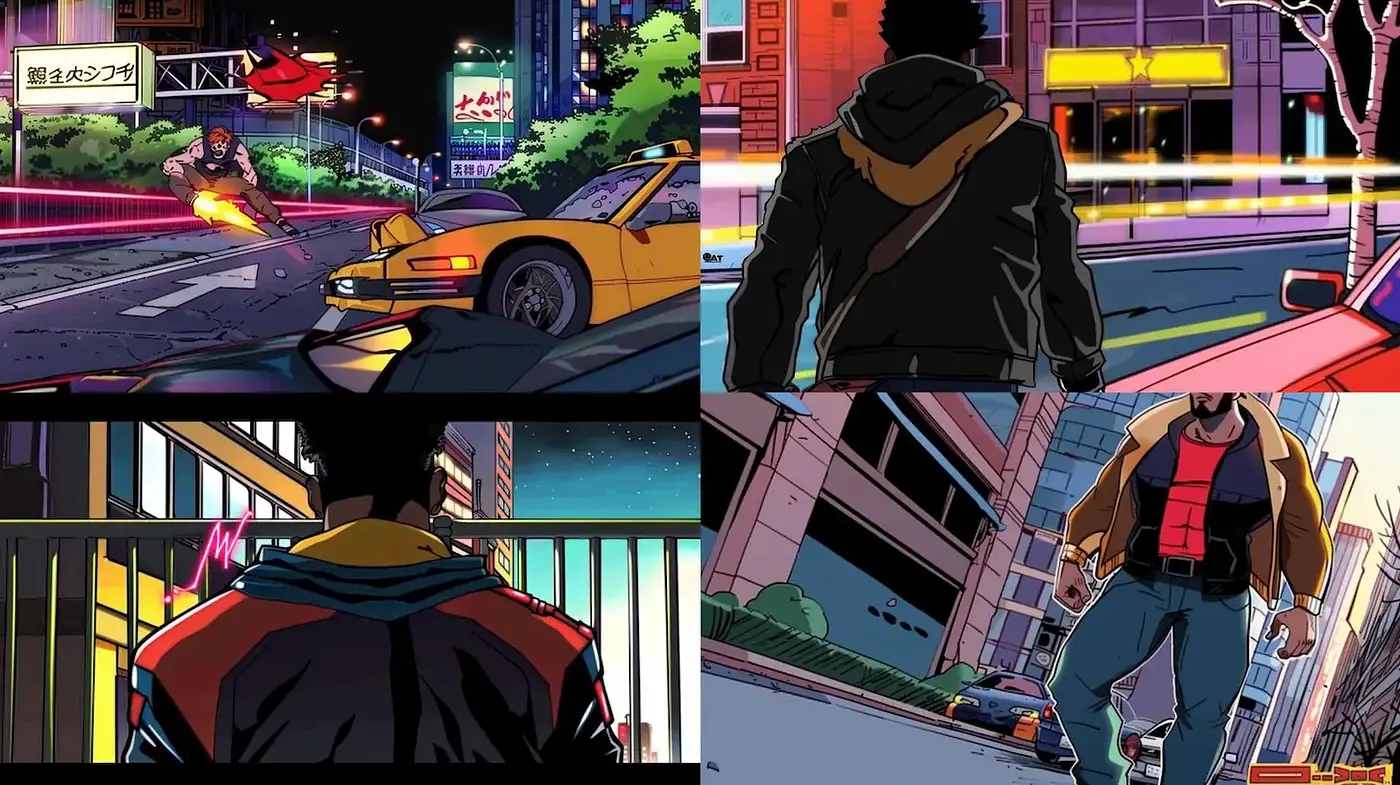 Dynamic Urban Neo-Noir with a Retro Comic Aesthetic - Midjourney sref style
