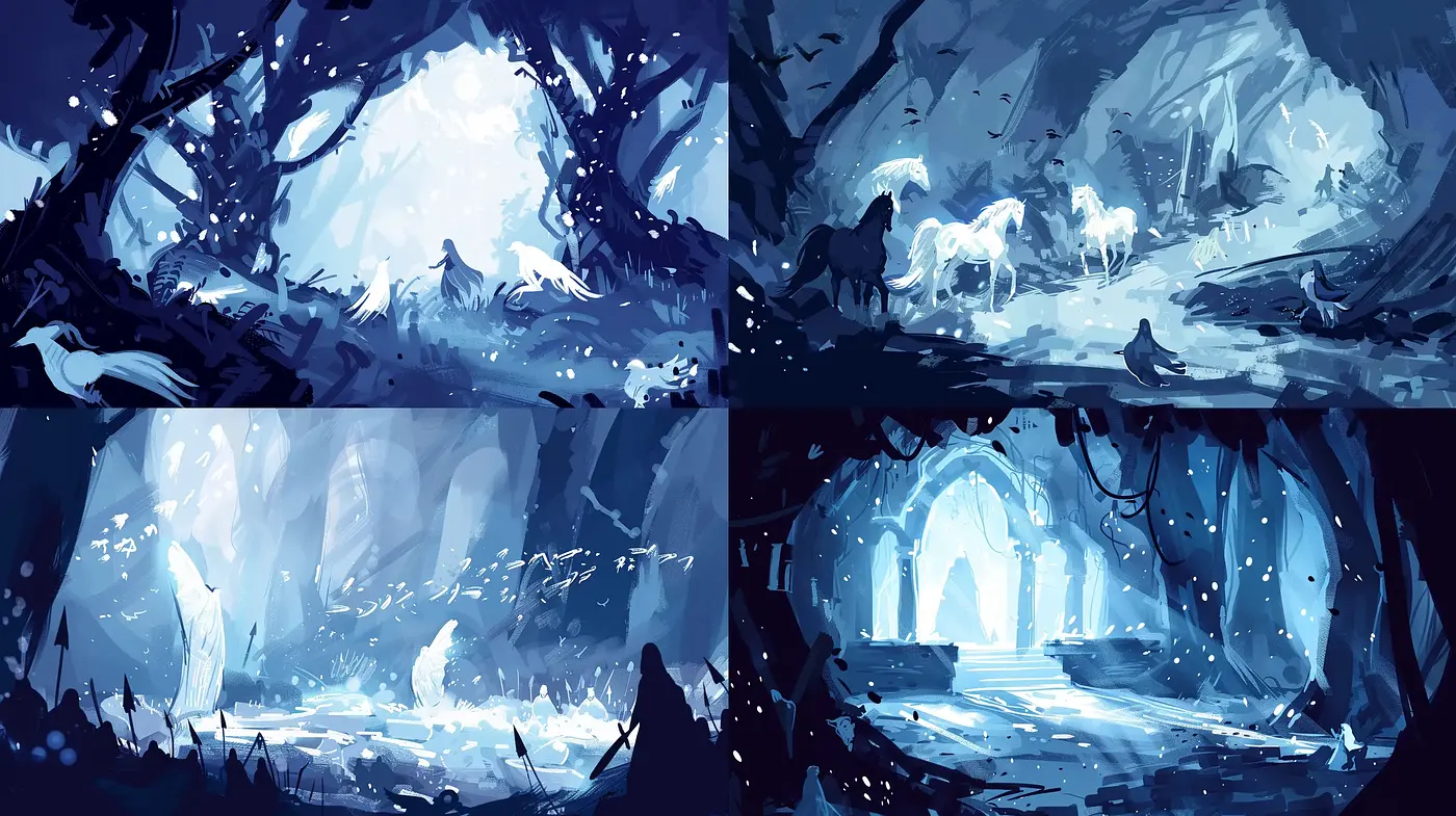 Ethereal Monochrome Vistas with a Fantastical Essence - Midjourney sref style