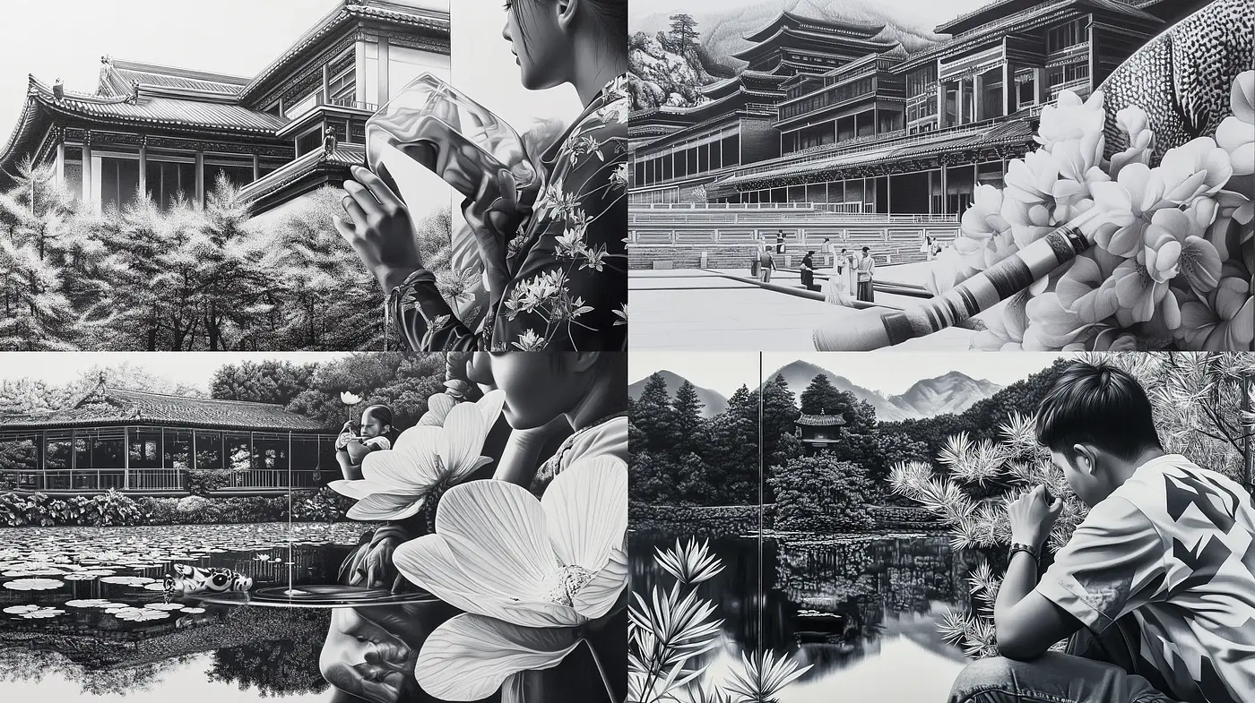 Monochromatic Serenity: A Study in Grayscale Realism with East Asian Aesthetics - Midjourney sref style