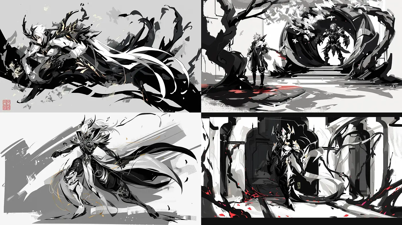 Dynamic Monochromatic Essence with a Stroke of Red - Midjourney sref style