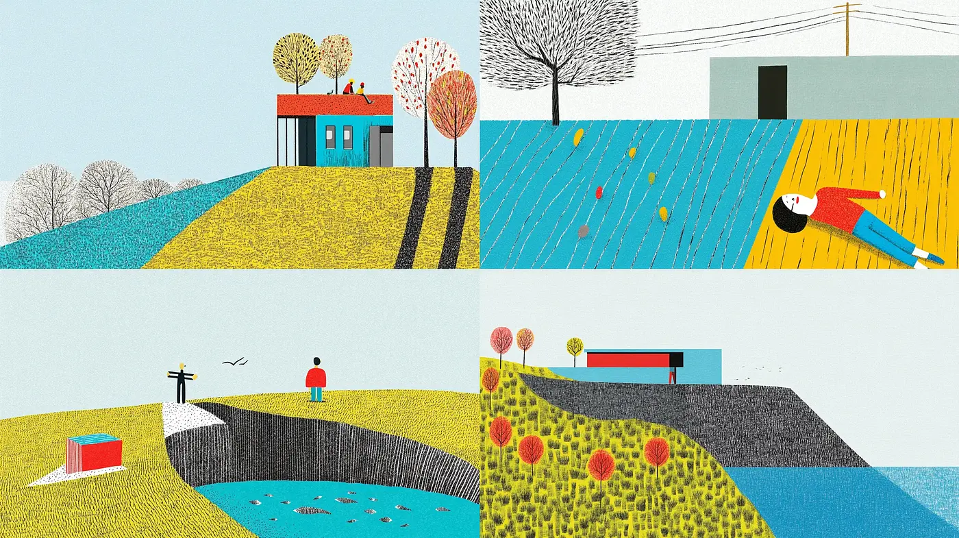 Harmonious Tranquility in Textured Landscapes: A Study of Consistent Elements Across Diverse Scenes - Midjourney sref style
