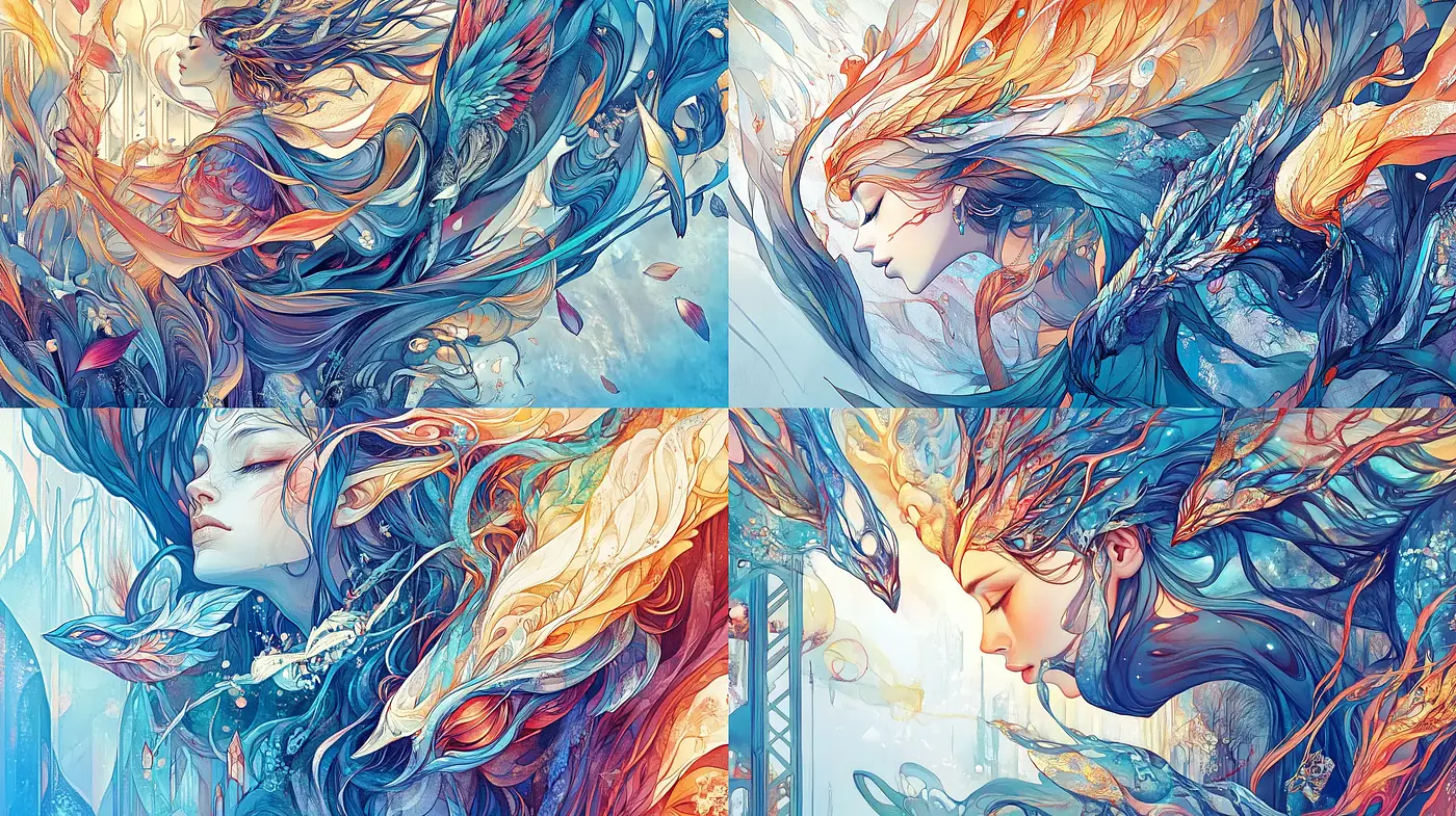 Ethereal Dreamscape Symphony with Fluid Dynamics - Midjourney sref style