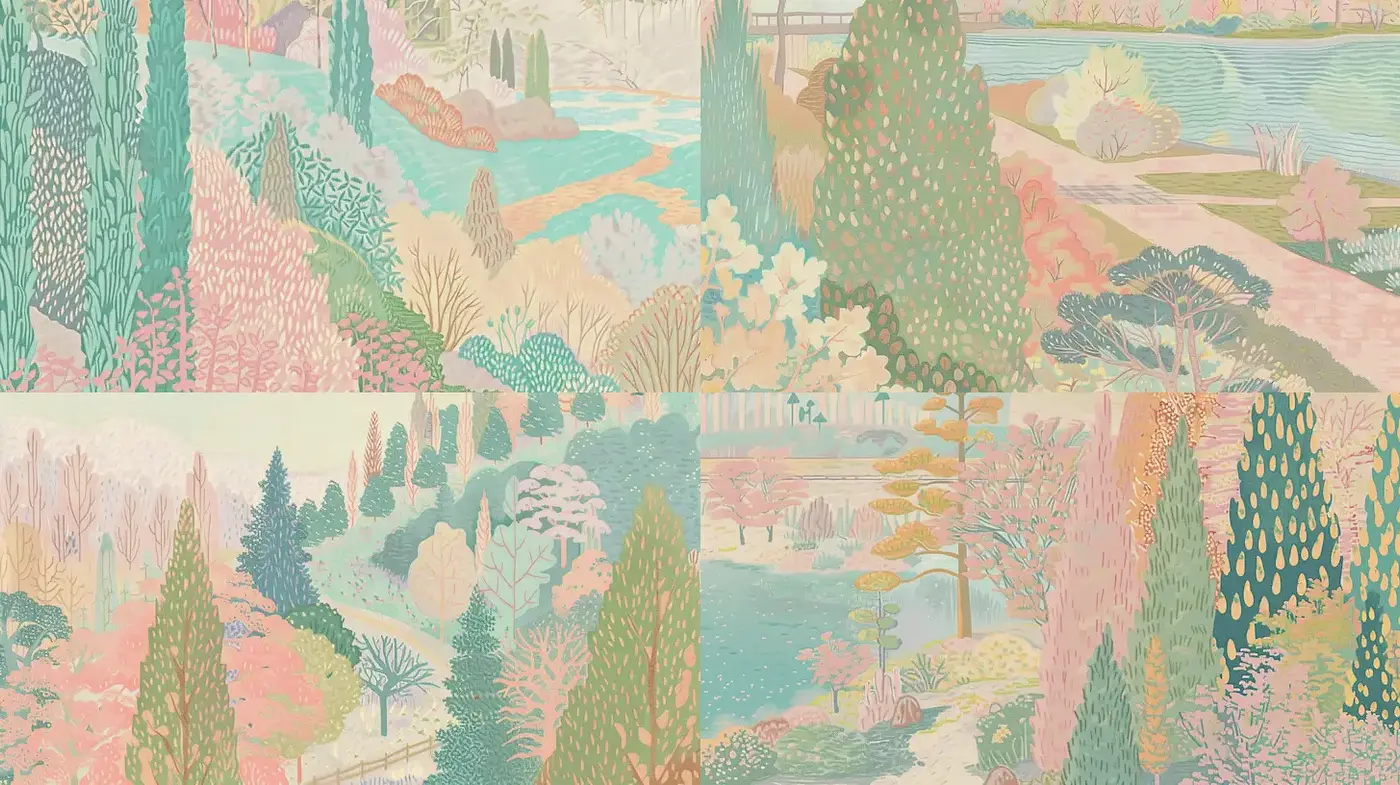Serene Pastoral Landscape with Pastel Hues and Whimsical Composition - Midjourney sref style