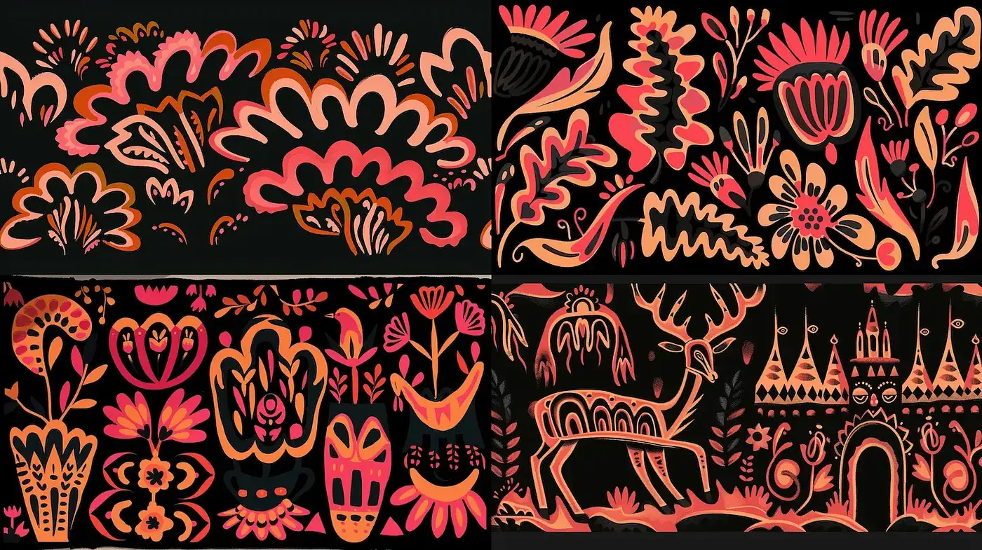 Whimsical and Vibrant Folk Art with Intricate Floral Motifs - Midjourney sref style