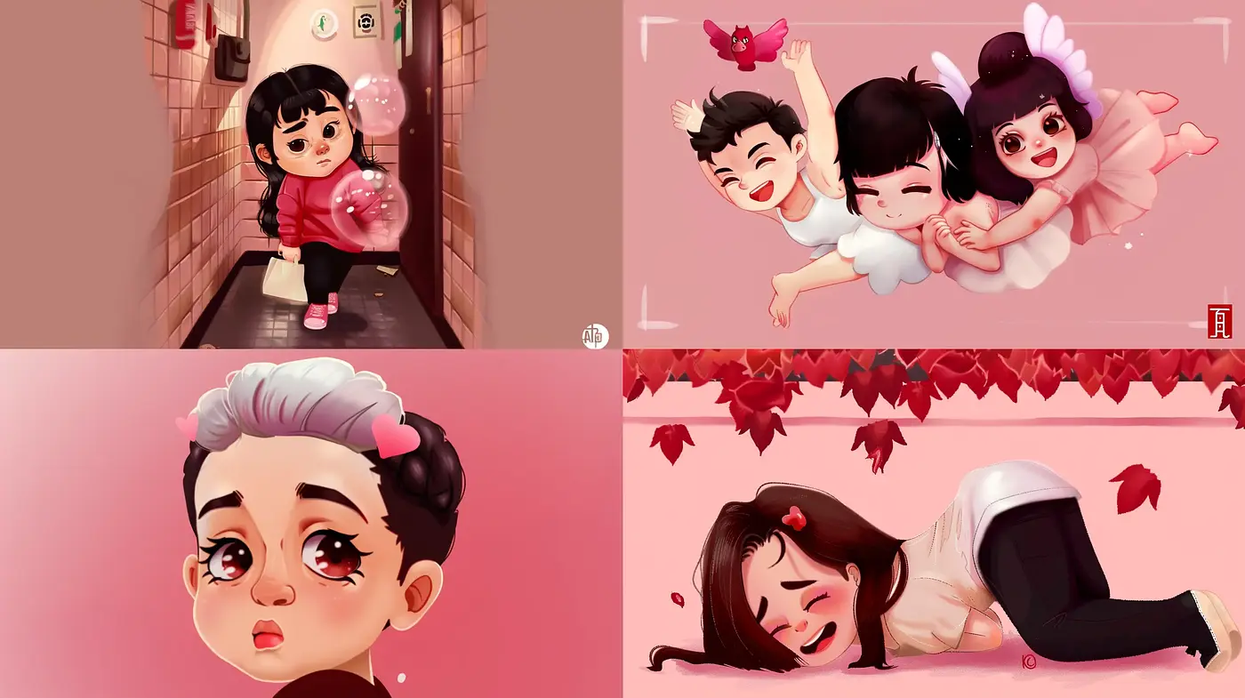 Whimsical Charm with a Sweet Rosy Hue: A Consistent Semi-Realistic Animated Style - Midjourney sref style