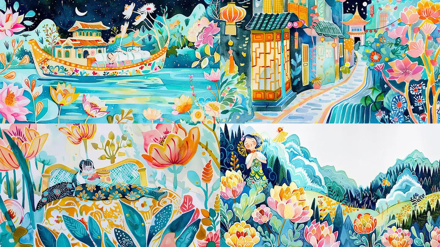 Vibrant Whimsy with a Playful Landscape Aesthetic - Midjourney sref style