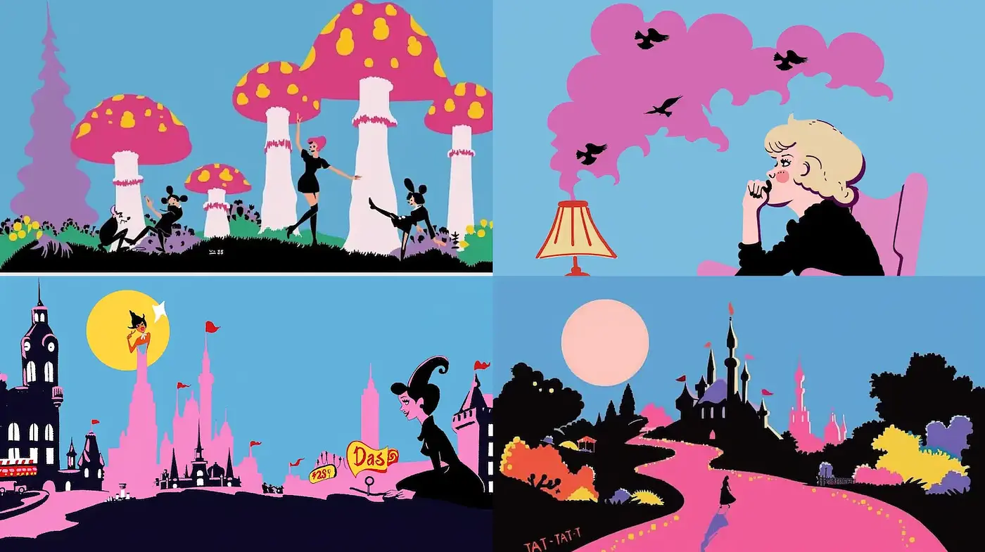 Playful Retro Animation with Whimsical Landscapes - Midjourney sref style