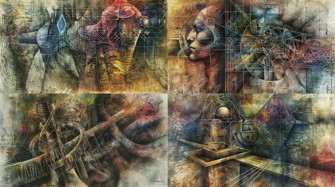 Surreal Geometric Abstraction with a Vintage Patina - Midjourney sref style