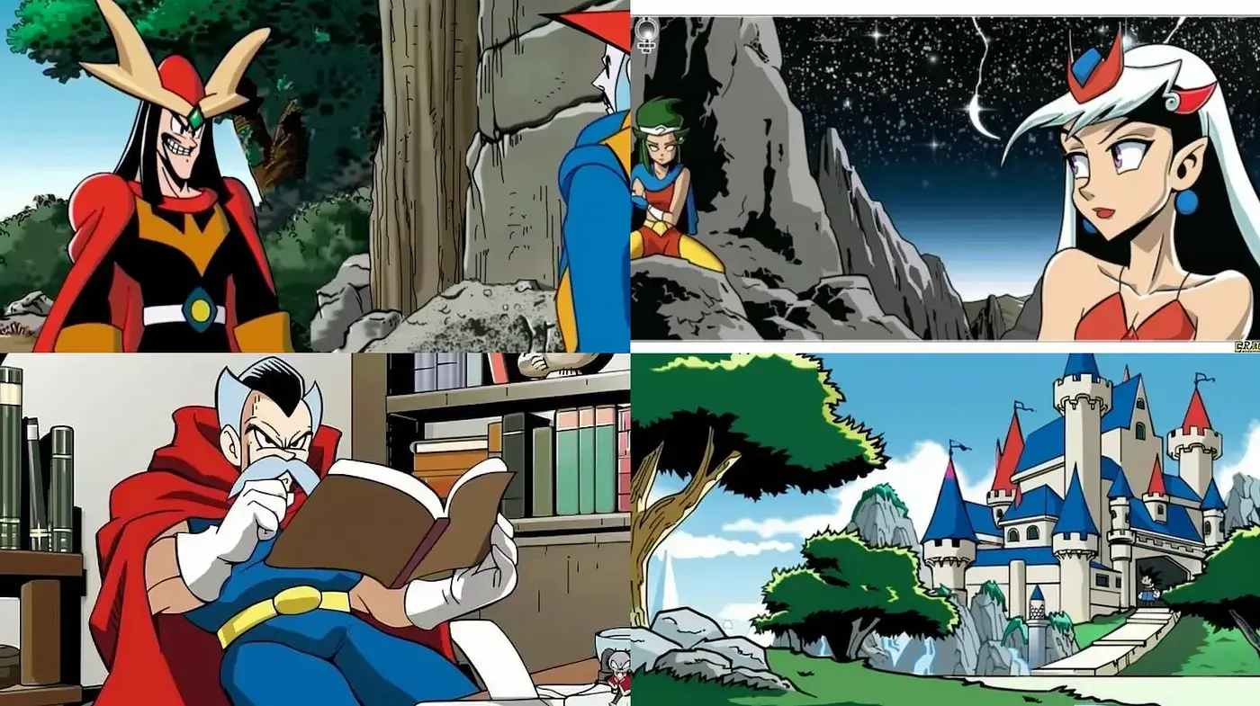 Dynamic and Colorful Animated Adventure Style with Retro Influences - Midjourney sref style