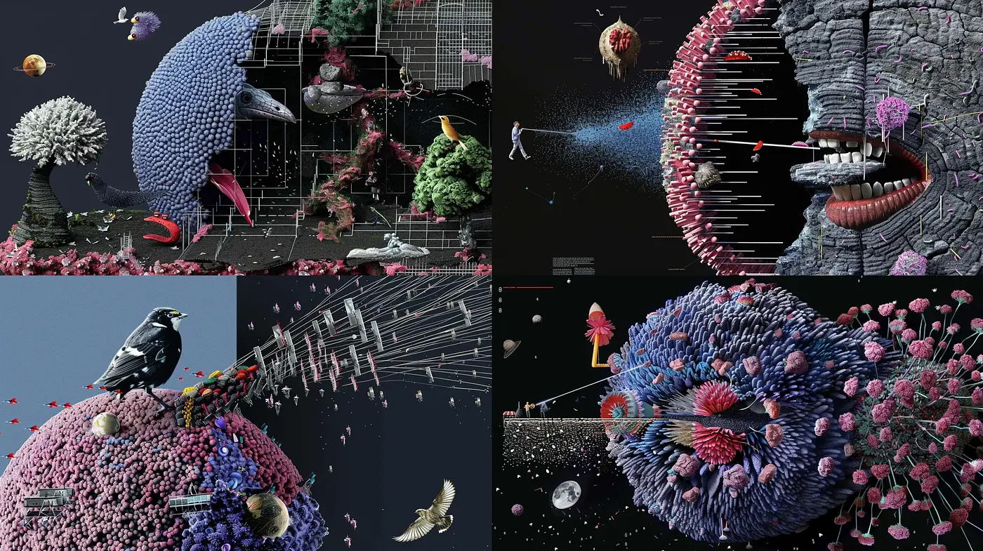 Surrealistic Dreamscapes with Vivid Textures and Cosmic Overtones - Midjourney sref style