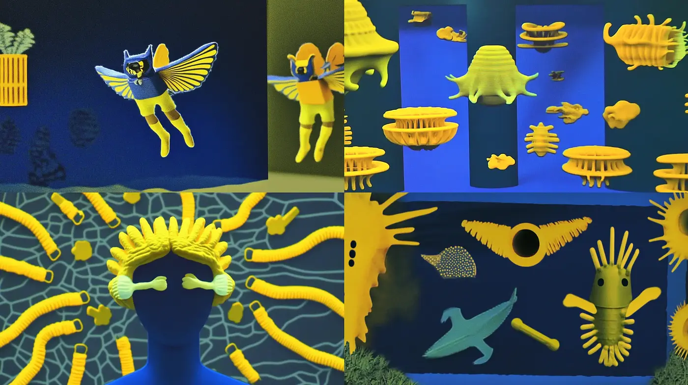 Surreal Yellows and Blues: A Dreamlike Fusion of Playful Shapes and Vibrant Echoes - Midjourney sref style