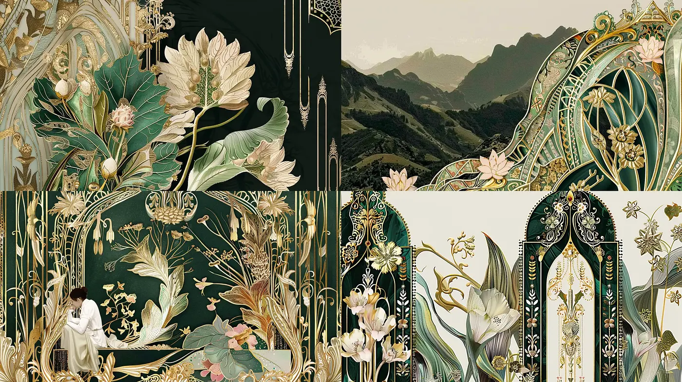 Elegant Art Nouveau Fusion With Natural and Gold Accents - Midjourney sref style