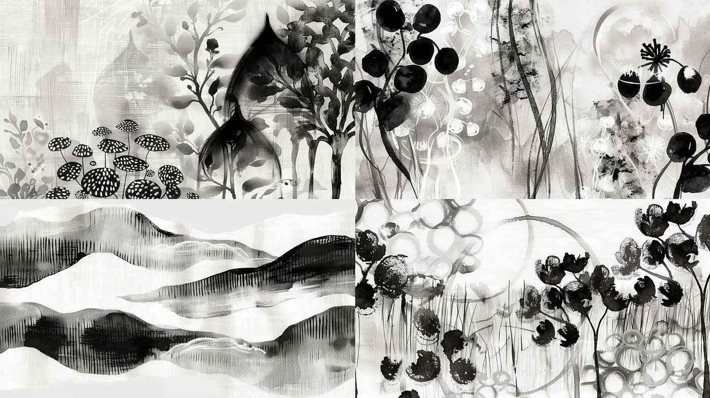 Monochromatic Botanic Elegance with Abstract Expressionism Undertones - Midjourney sref style