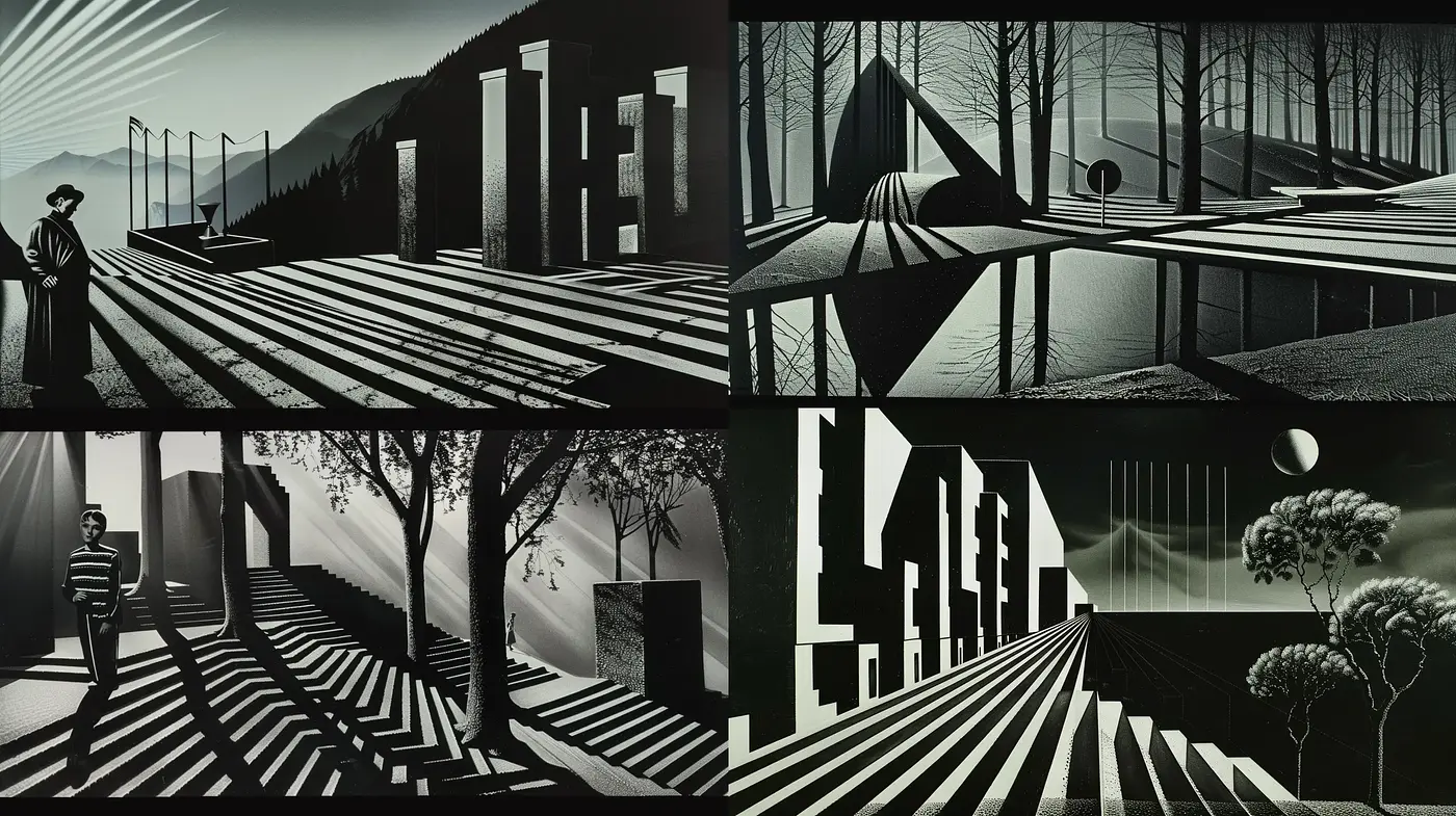 Monochromatic Noir of Stylized Geometric Play - Midjourney sref style