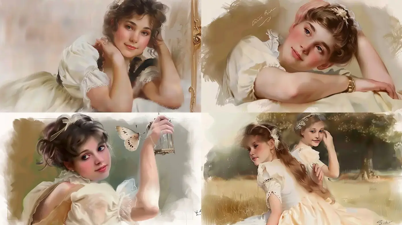 Romantic Vintage Portraiture with Soft Pastel Tones and Dreamy Atmosphere - Midjourney sref style