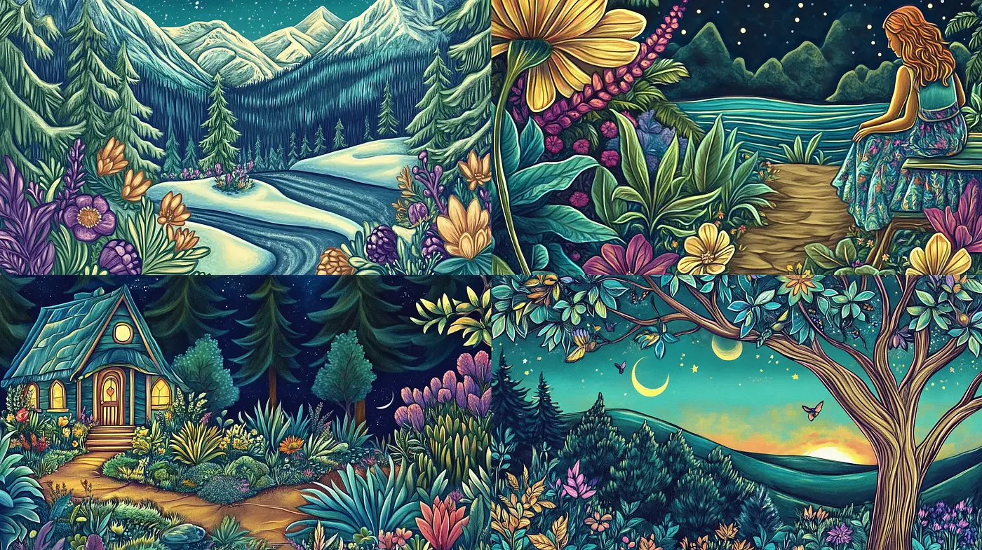 Enchanted Chromatic Woodlands: A Vivid Storybook Tapestry - Midjourney sref style