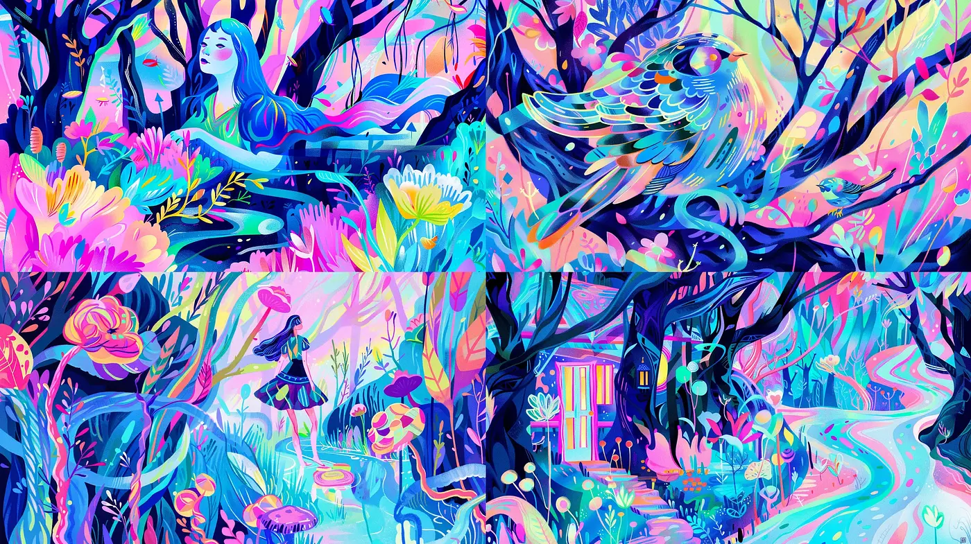 Psychedelic Nature's Dream: A Vivid Dance of Colors and Forms - Midjourney sref style