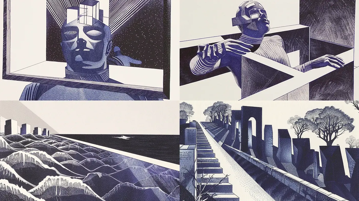 Monochrome Elegance: A Tapestry of Textured Shadows and Structured Forms - Midjourney sref style