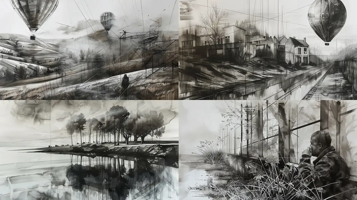 Monochromatic Surrealism with Atmospheric Depth and Textural Nuance - Midjourney sref style