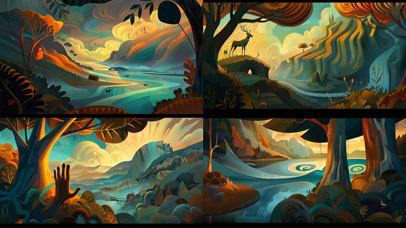 Whimsical Dreamscapes: A Fusion of Surrealism and Vibrant Storybook Illustration - Midjourney sref style