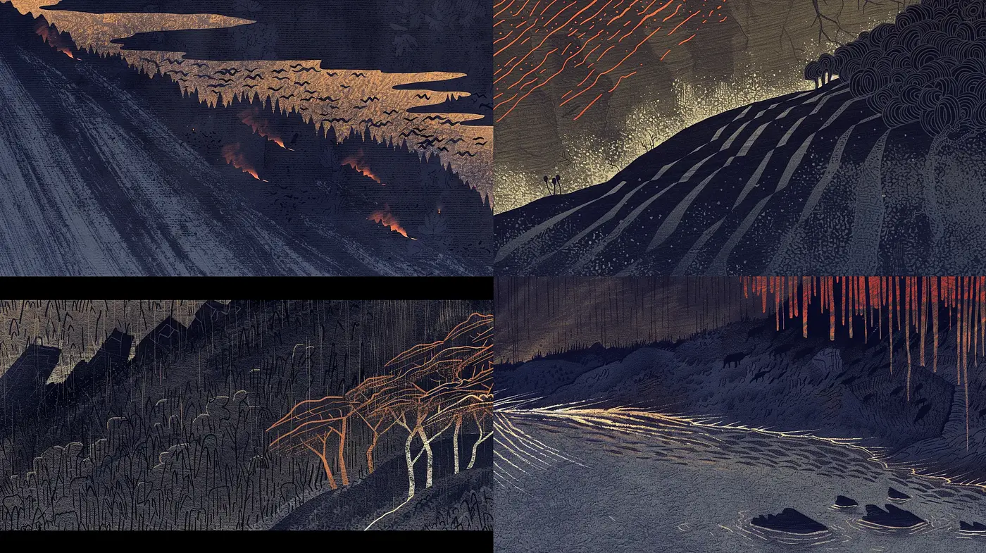 Ethereal Nocturnal Landscapes Enveloped in Hues of Indigo and Gold - Midjourney sref style