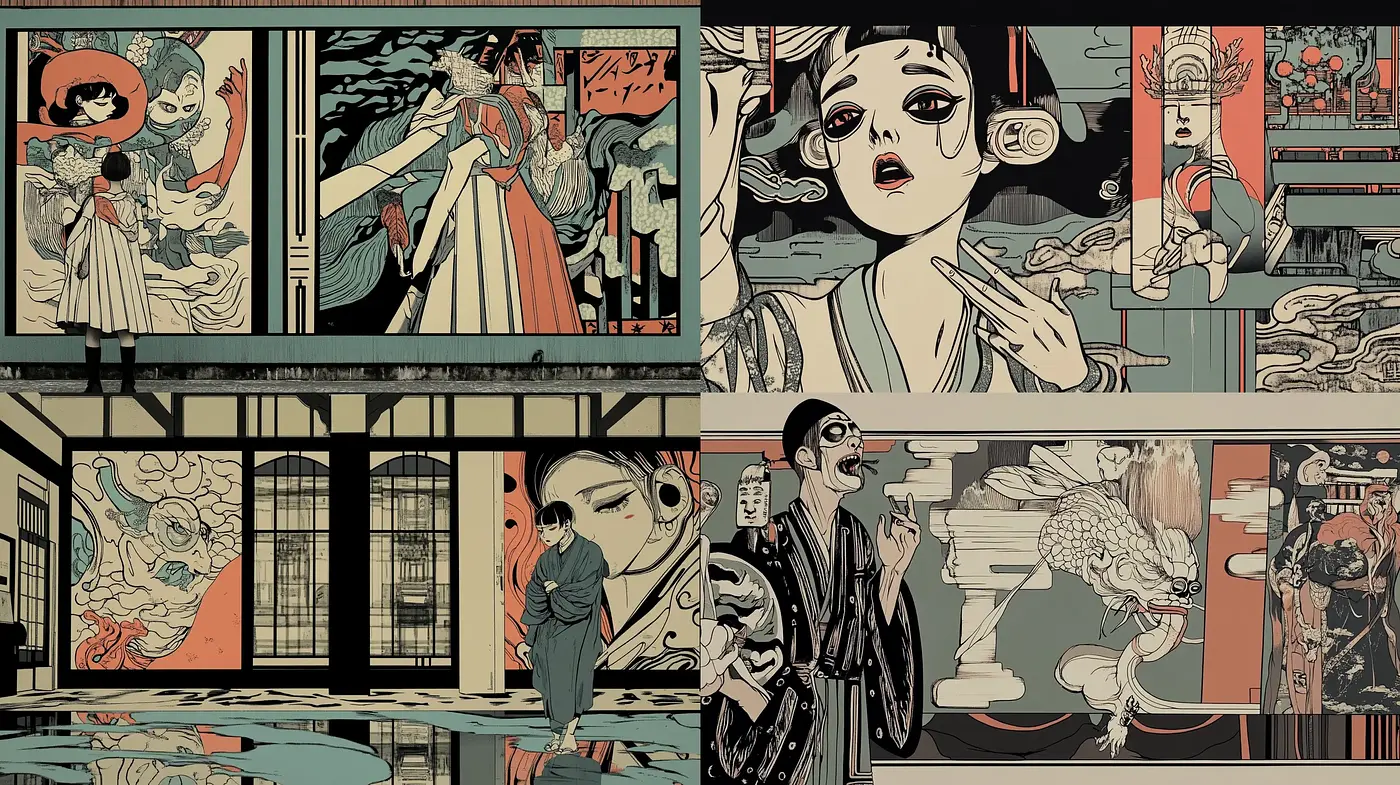 Ethereal Ukiyo-e Fusion with Contemporary Contrast - Midjourney sref style