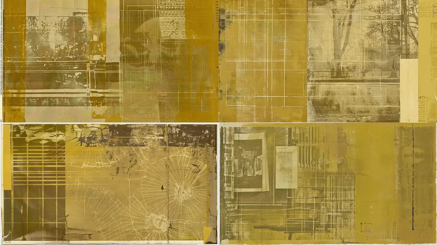 Aged Sepia Architectural Collage with Geometric Abstraction - Midjourney sref style