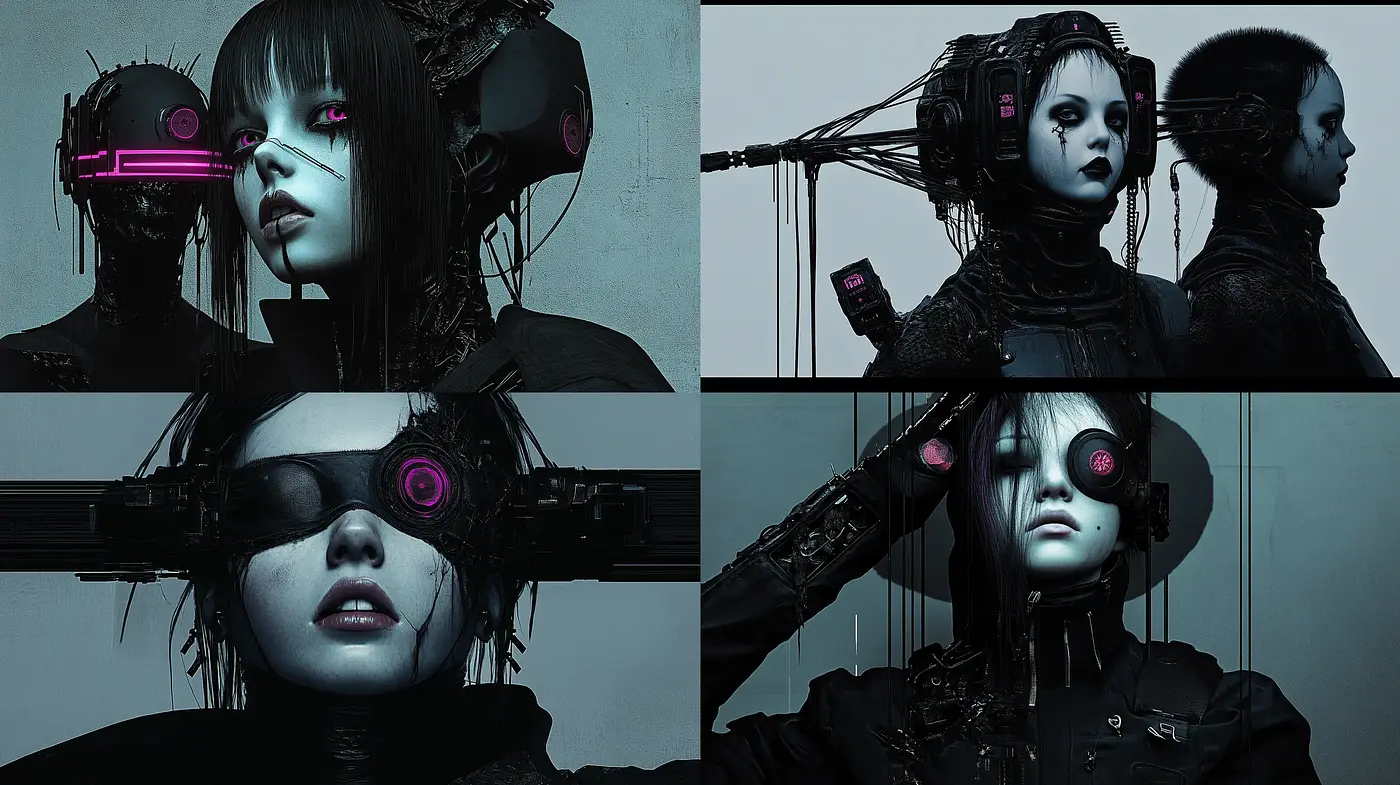 Futuristic Cybernetic Synthesis: A Monochromatic Vision of Technology and Humanity - Midjourney sref style