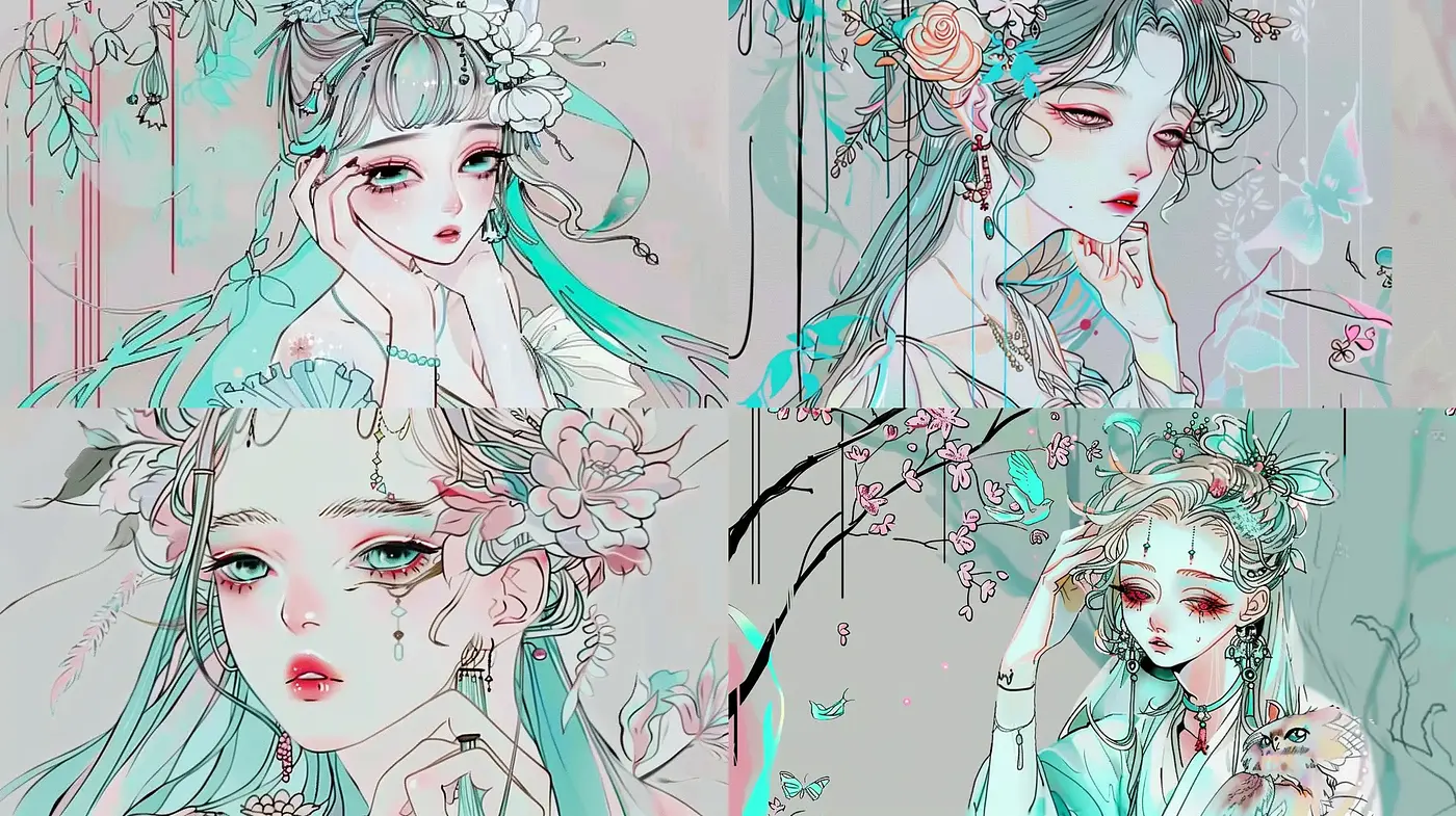 Pastel Ethereal Anime-Inspired Portraiture with Floral Accents - Midjourney sref style