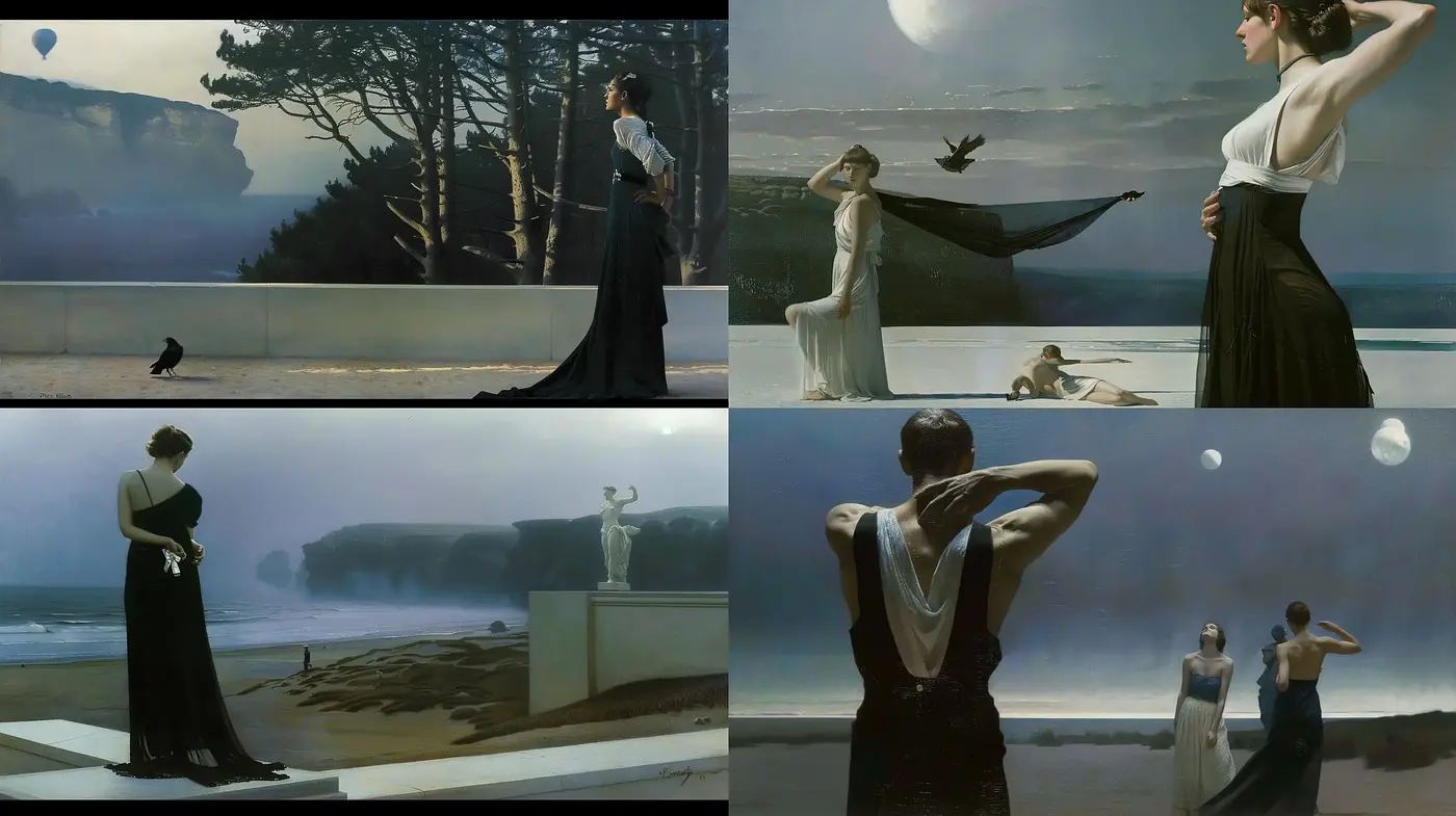 Ethereal Seascapes and Elegant Figures in Twilight Serenity - Midjourney sref style