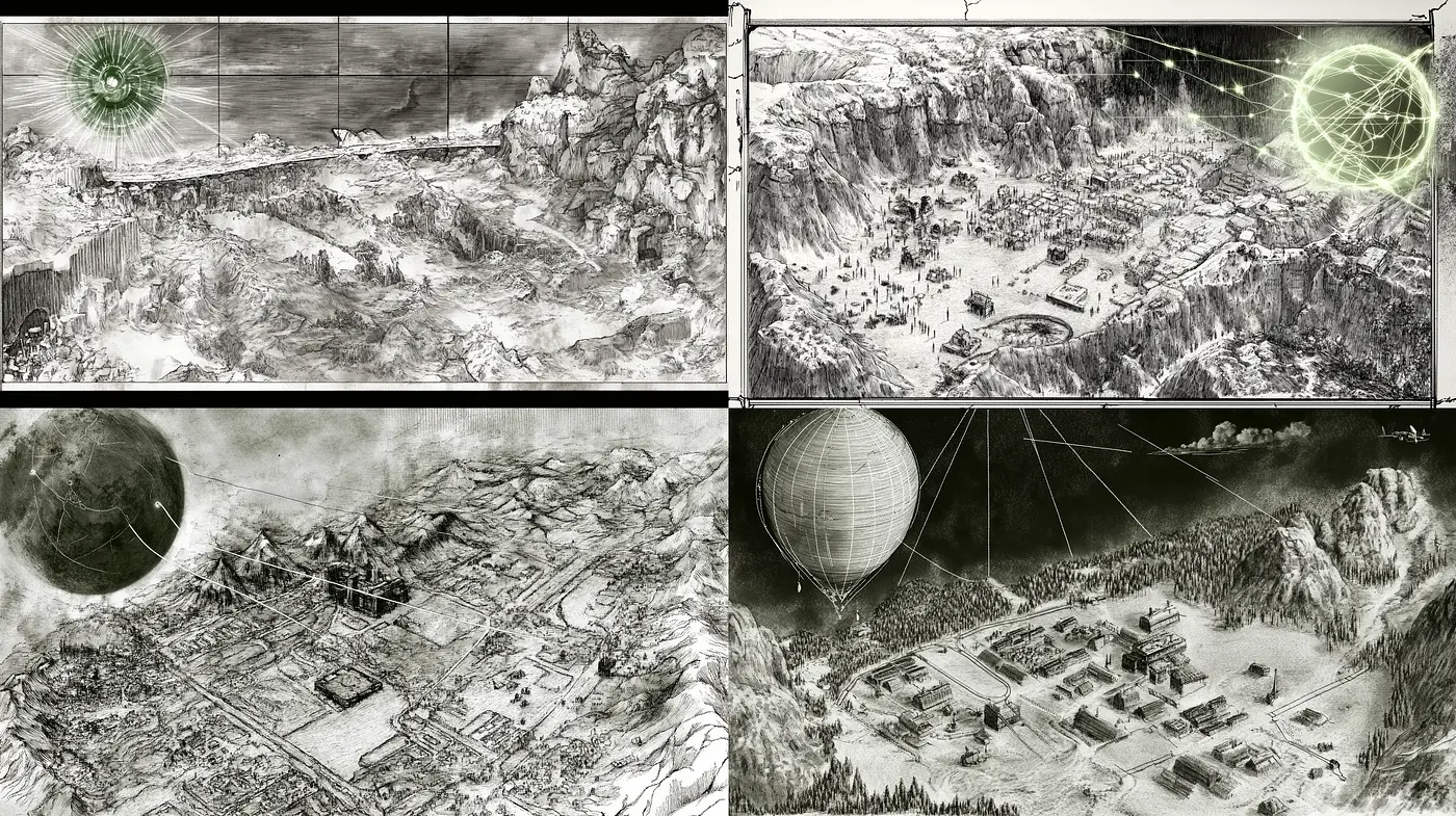 Ethereal Monochrome Cartography: An Evocative Fusion of Historical Map Imagery and Sci-Fi Elements - Midjourney sref style