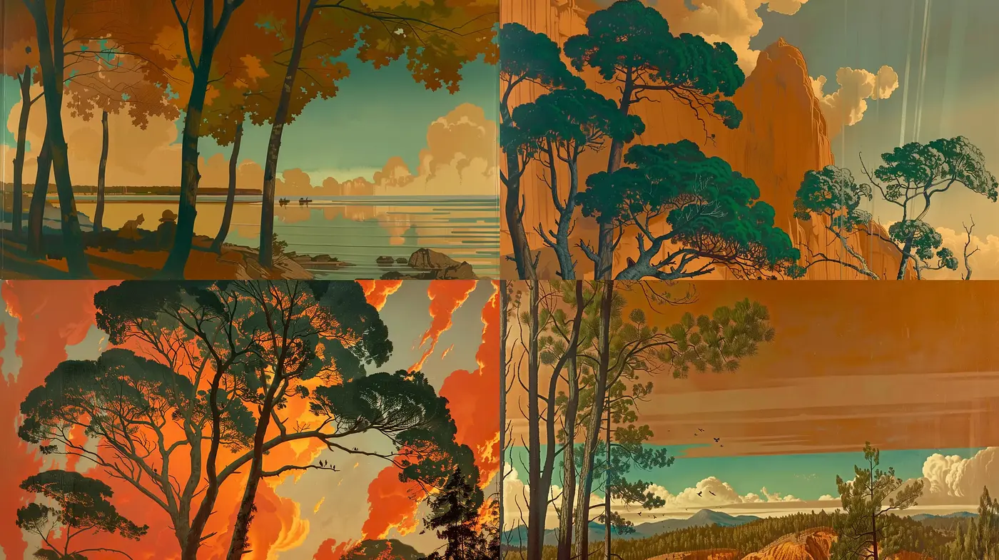 Sunset Silhouettes and Serenity: A Study in Stylized Landscape Contrasts - Midjourney sref style