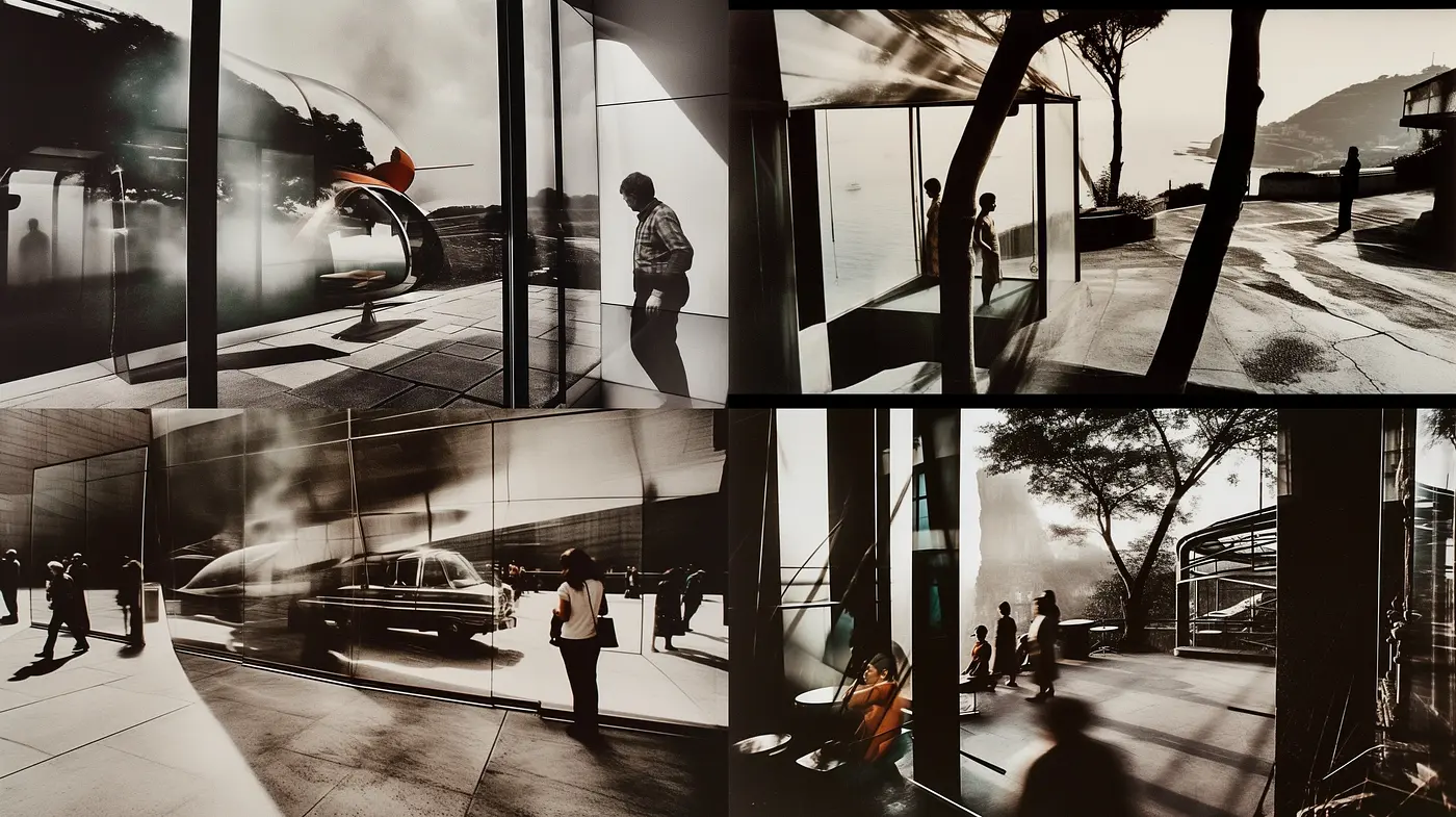 Muted Elegance: A Monochromatic Dance of Silhouettes and Reflections - Midjourney sref style