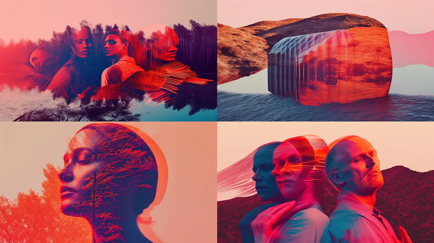 Fusion of Serene Nature with Human Silhouettes in a Mystic Crimson-Dusk Gradient - Midjourney sref style