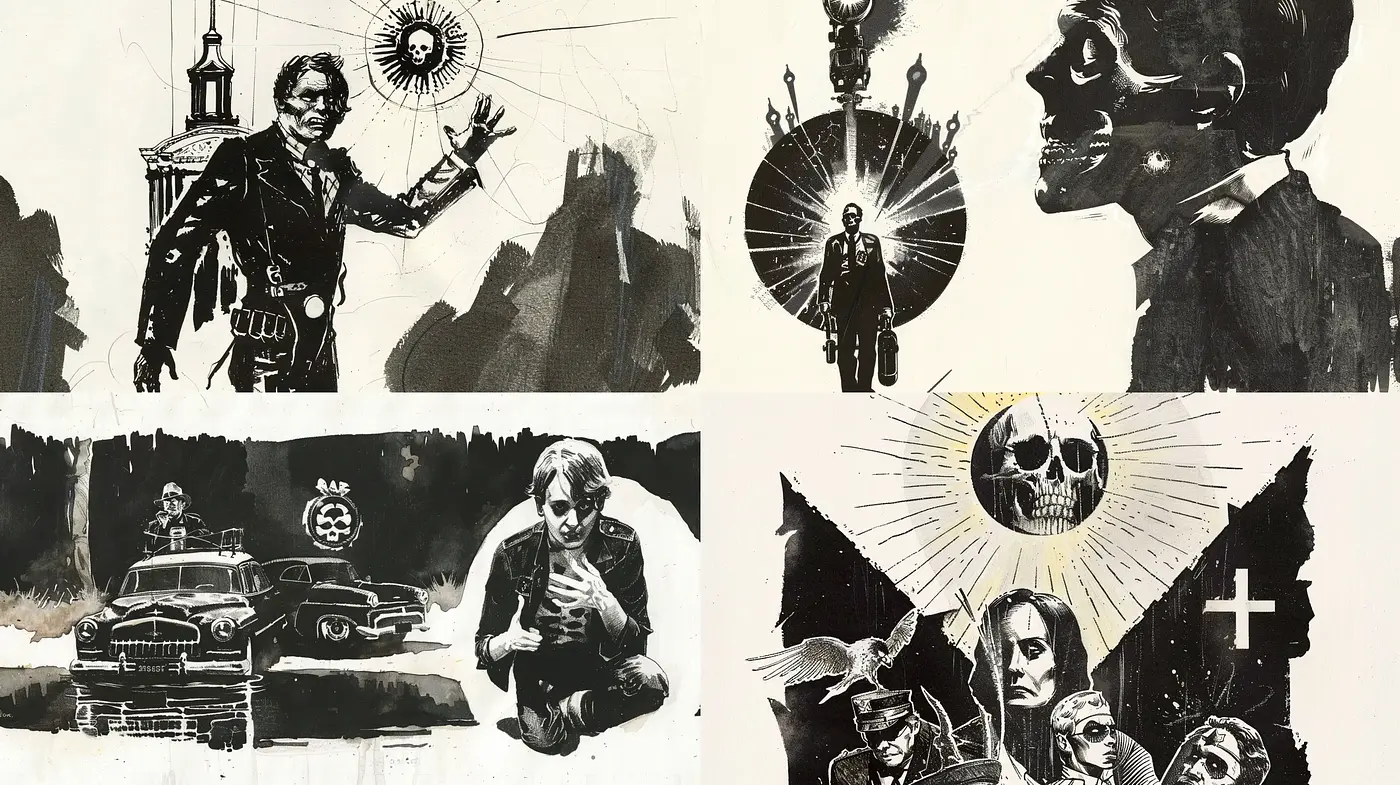 Monochromatic Graphic Novel Conceptualization with a Sinister Tone - Midjourney sref style