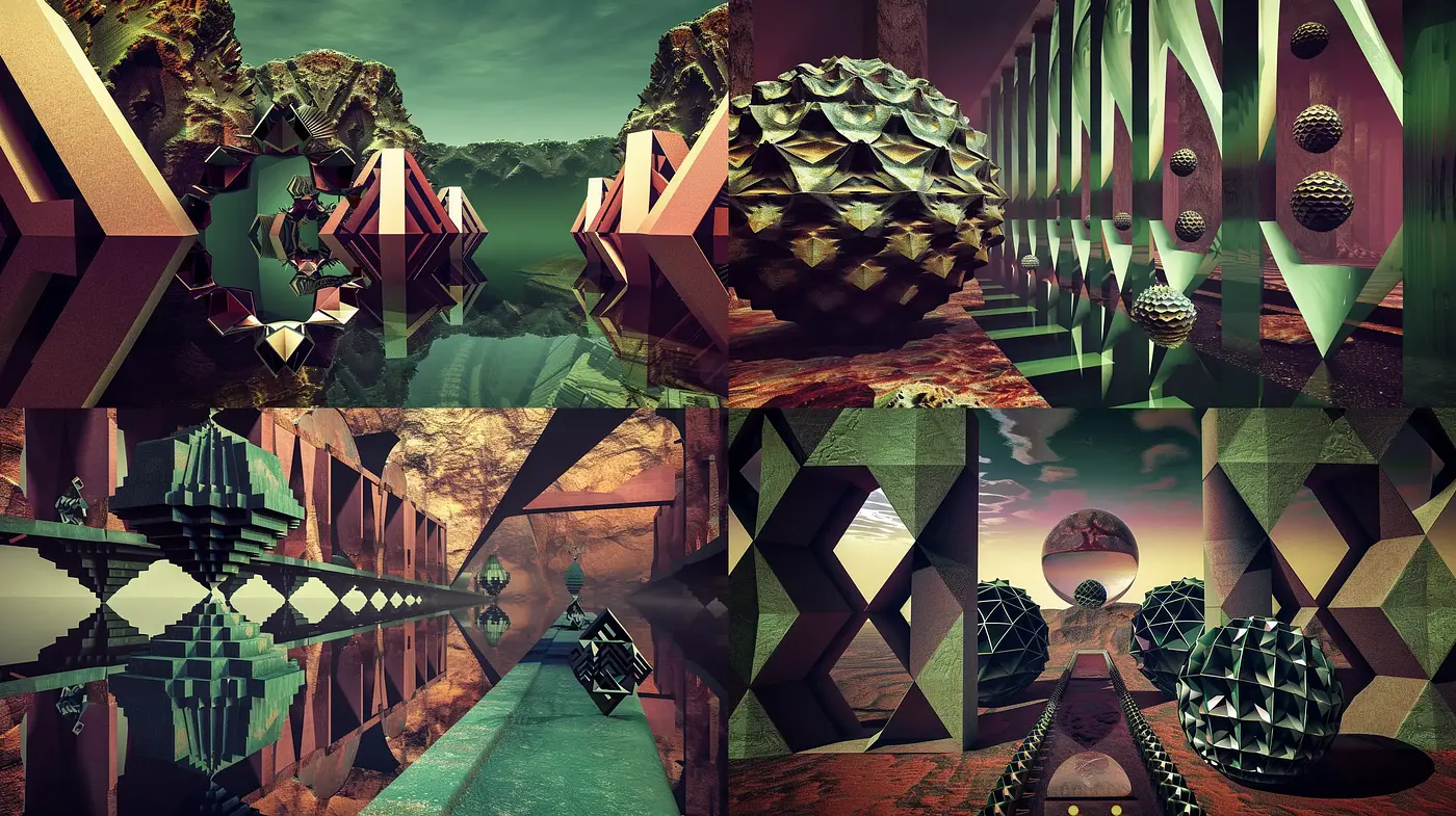 Geometric Surrealism in Verdant Tones - Midjourney sref style