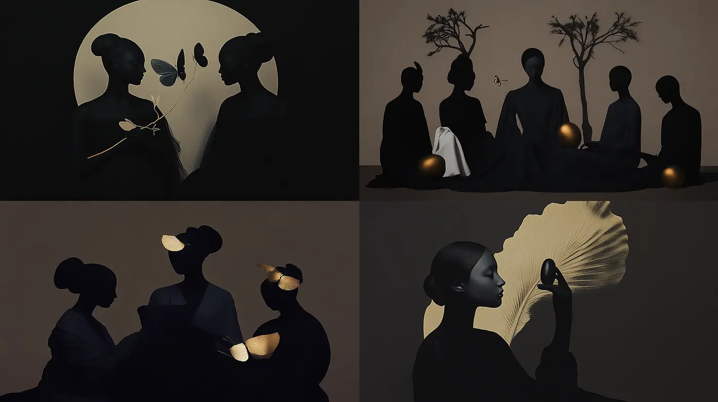 Monochromatic Silhouettes and Golden Hues: A Study in Shadow and Light - Midjourney sref style
