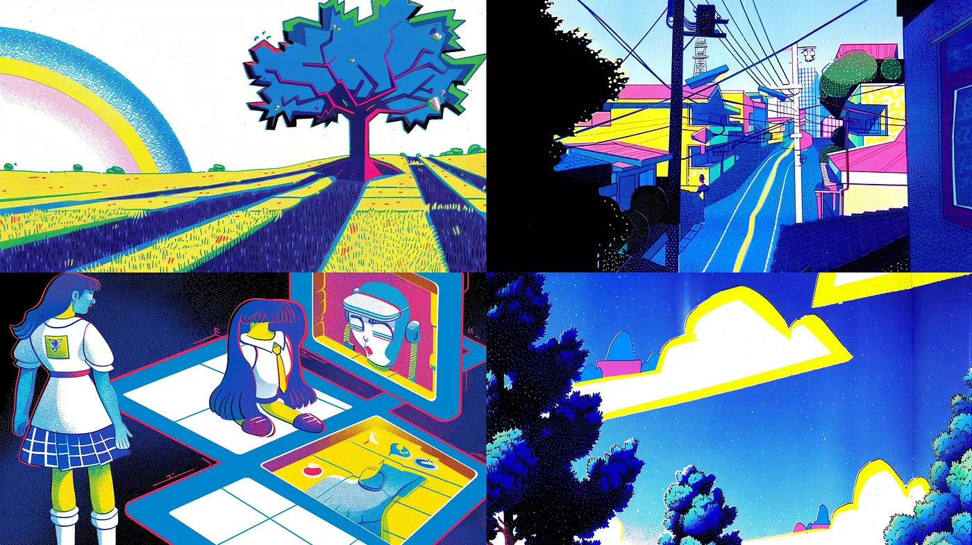 Synthetic Nostalgia: A Fusion of Vibrant Hues and Retro Modularity - Midjourney sref style