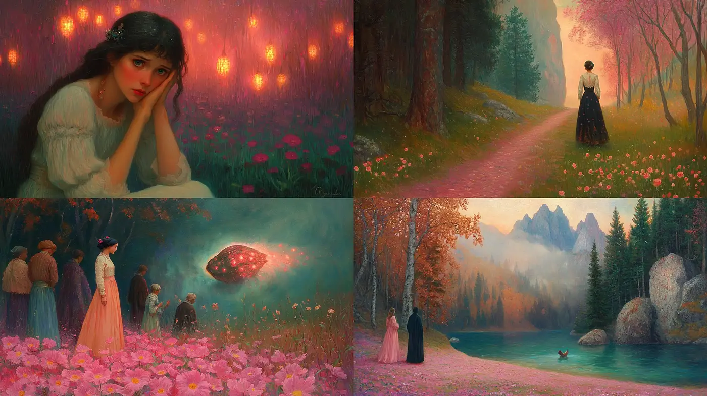 Enchanted Twilight Hues: A Harmonious Blend of Surreal and Pastoral Imagery - Midjourney sref style