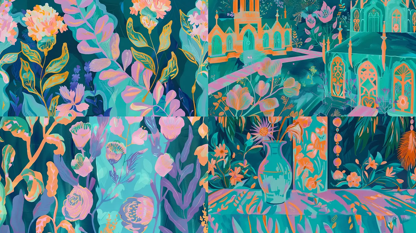 Enchanted Florals in Twilight Hues: A Dreamlike Tapestry - Midjourney sref style