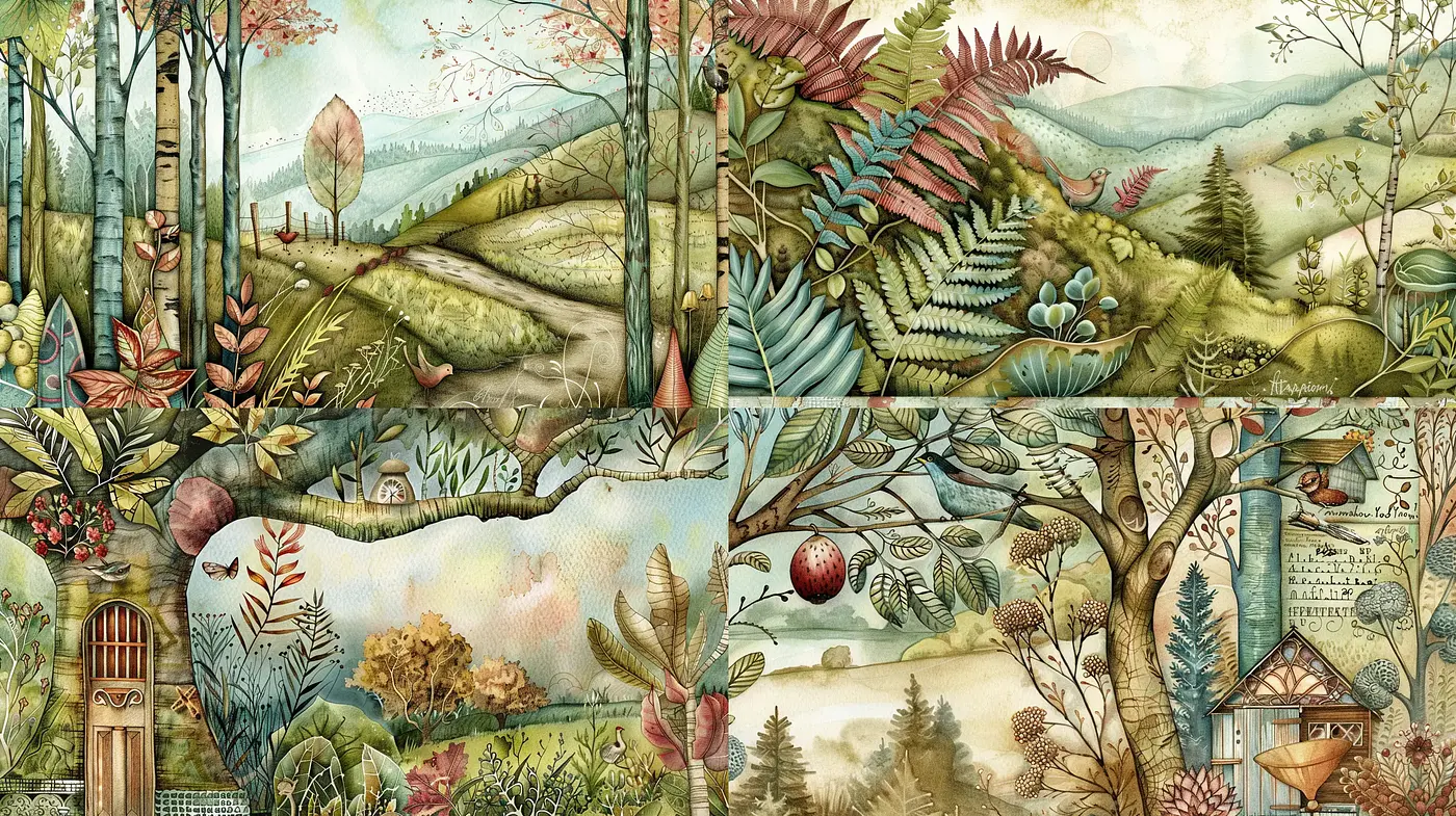 Enchanted Woodland Illustration with Mythical Overtones - Midjourney sref style