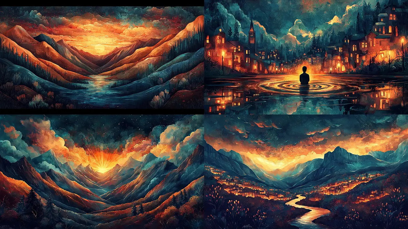 Twilight Ambience in Surreal Landscapes - Midjourney sref style