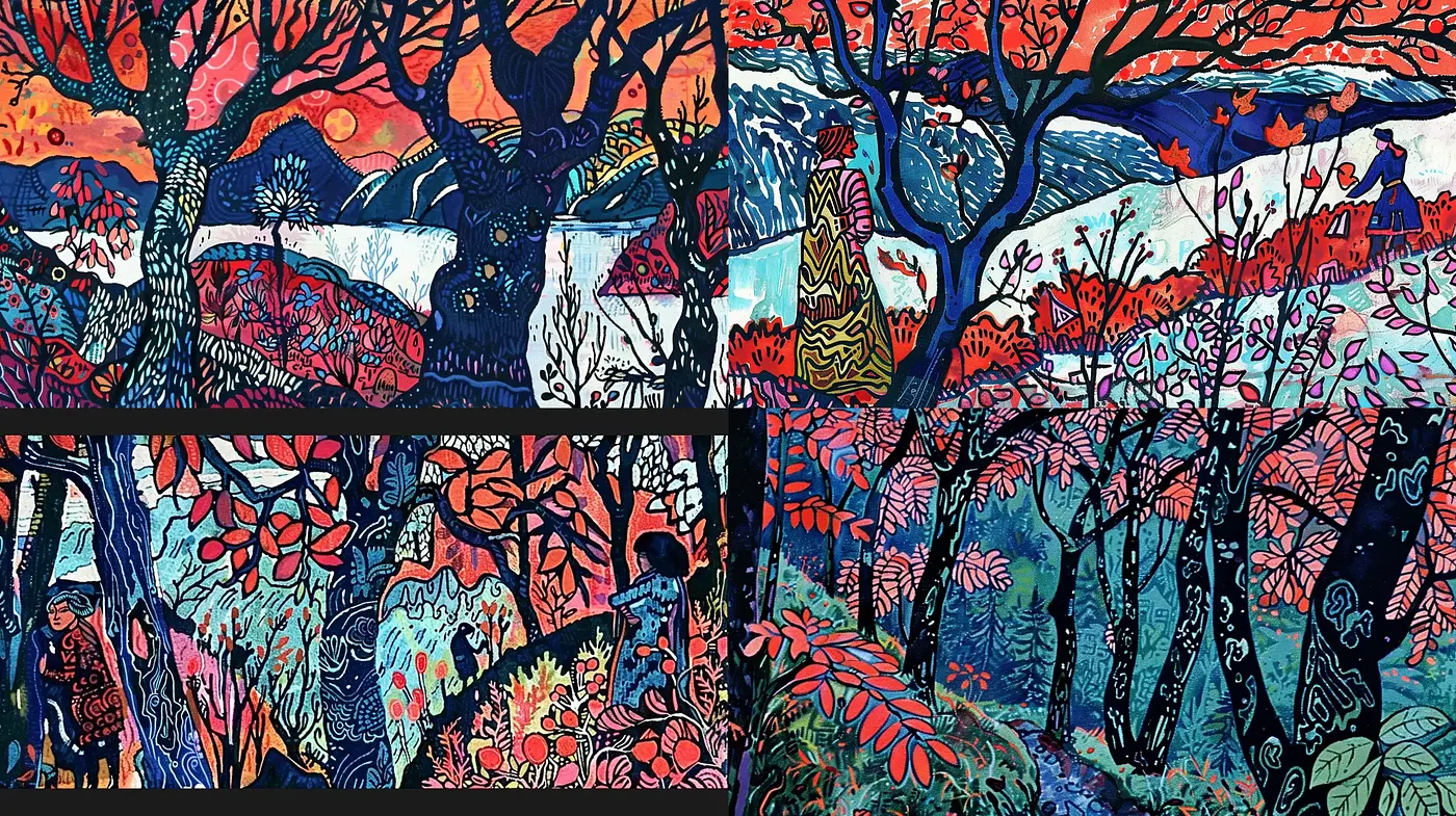 Enchanted Forests in Expressive Prismatic Tapestries - Midjourney sref style