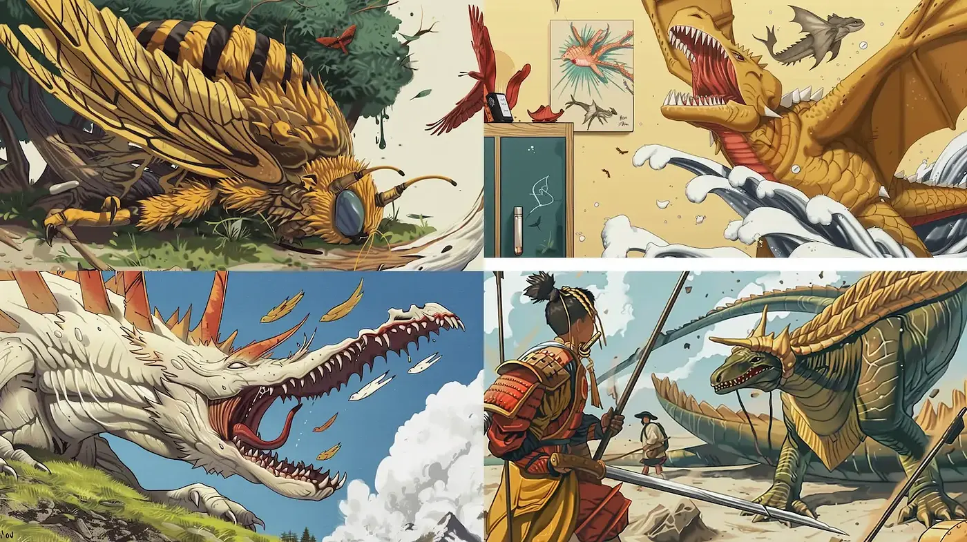 Dynamic Illustrations Featuring Mythical Creatures with Rich Textures and Vivid Colors - Midjourney sref style